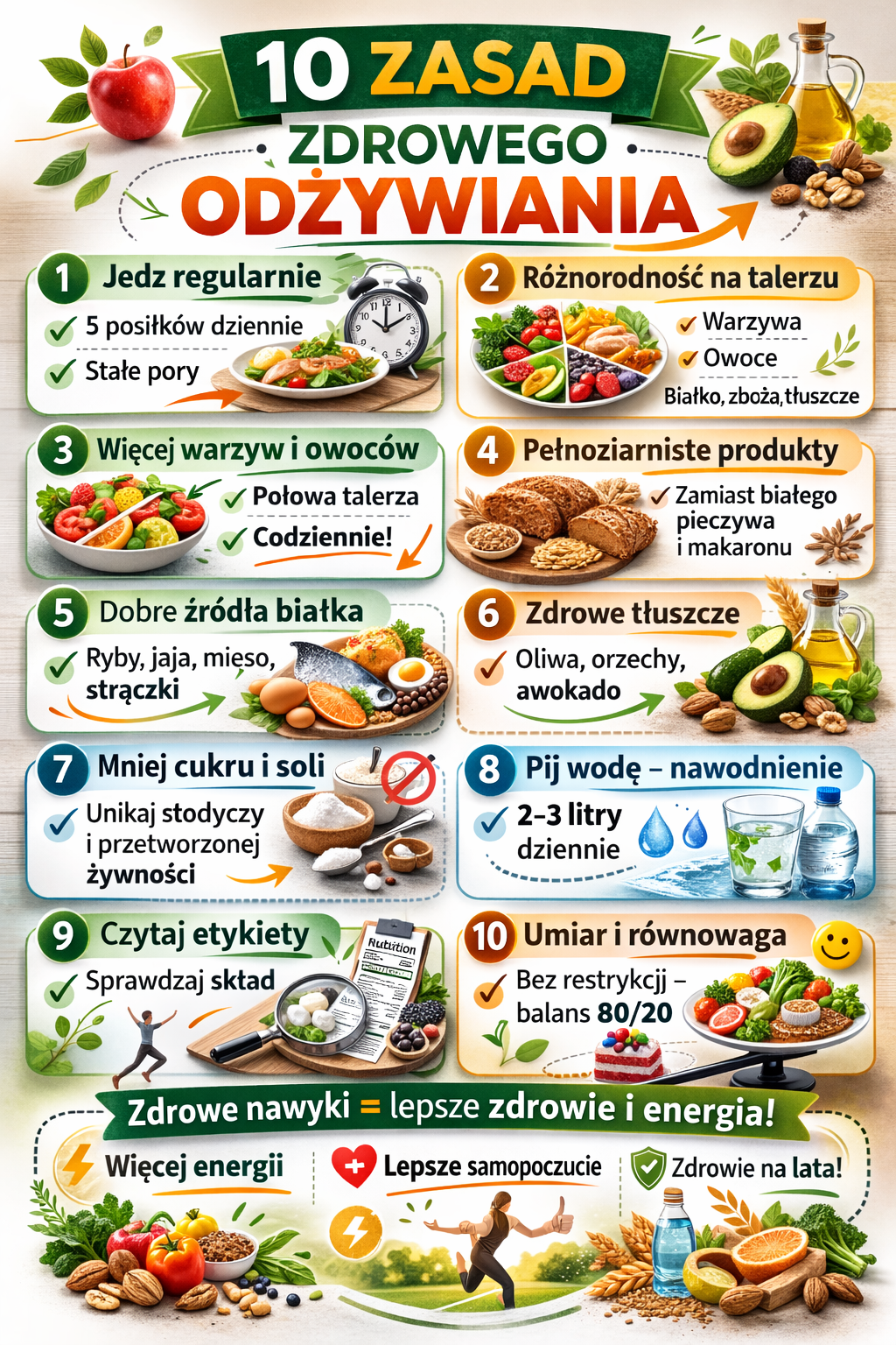 Kolorowa infografika przedstawiająca 10 zasad zdrowego odżywiania, w tym regularne posiłki, warzywa i owoce, pełnoziarniste produkty, zdrowe tłuszcze, ograniczenie cukru i soli, picie wody oraz zachowanie umiaru 80/20.