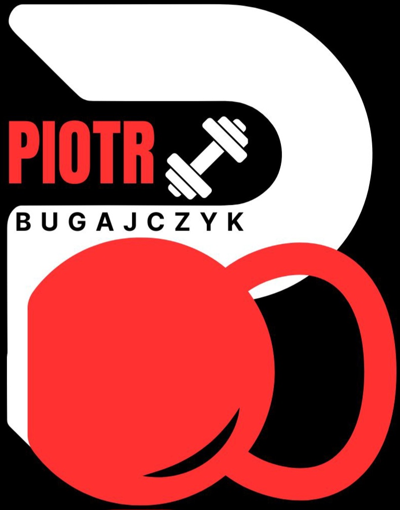 grafika przedstawia logo dla Trener personalny Piotr Bugajczyk na którym znajduje się hantel oraz odważnik ketel oraz napis Piotr Bugajczyk
