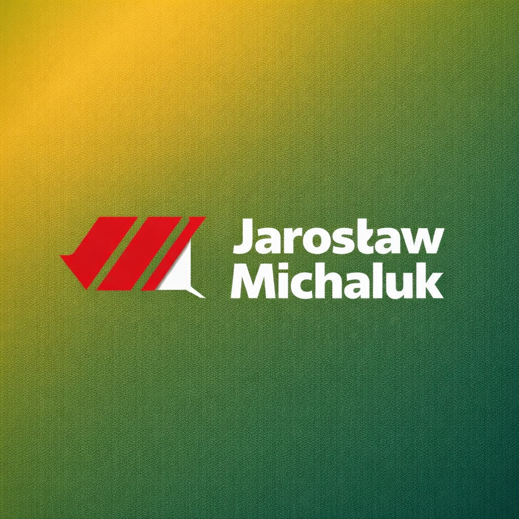 logo posiada zielone tło, zawiera skośny napis czarno czerwony J M Jarosław Michaluk dla strony Jarosław Michaluk trener personalny