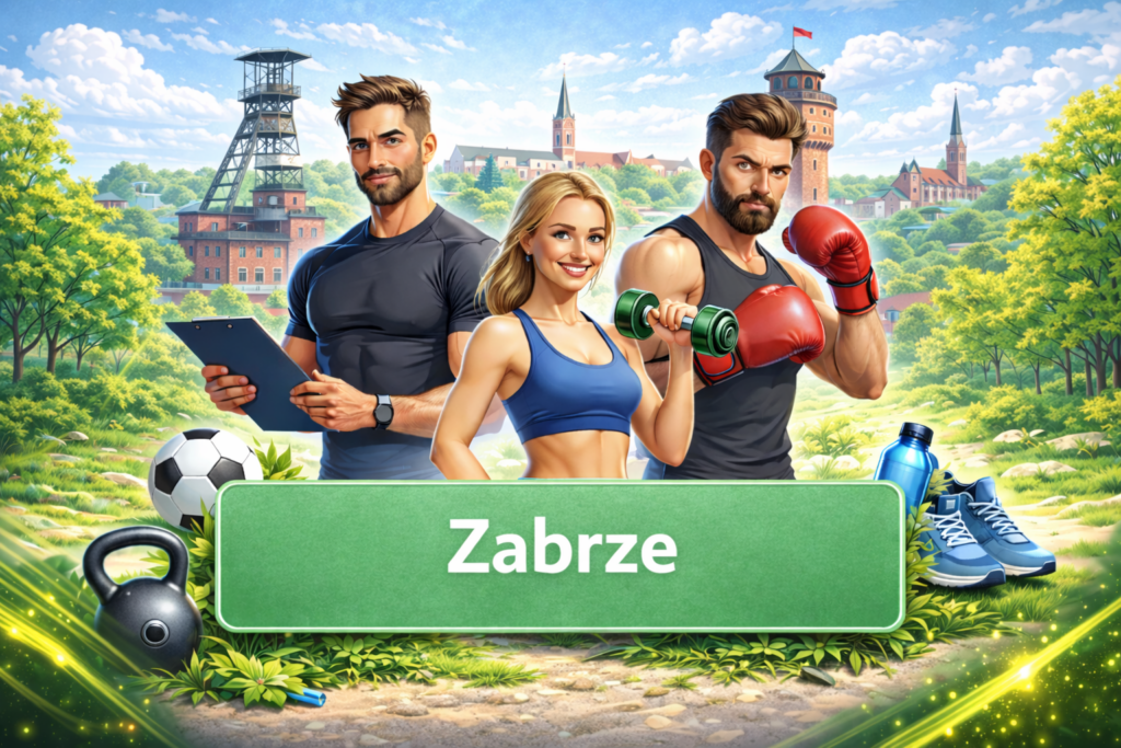 Ilustracja sportowa ilustrująca trenerów personalnych oraz kluby charakterystycznej architektury Zabrza, promująca lokalne kluby sportowe, aktywność fizyczną i zdrowy styl życia dla strony Trenerzy i Kluby Zabrze