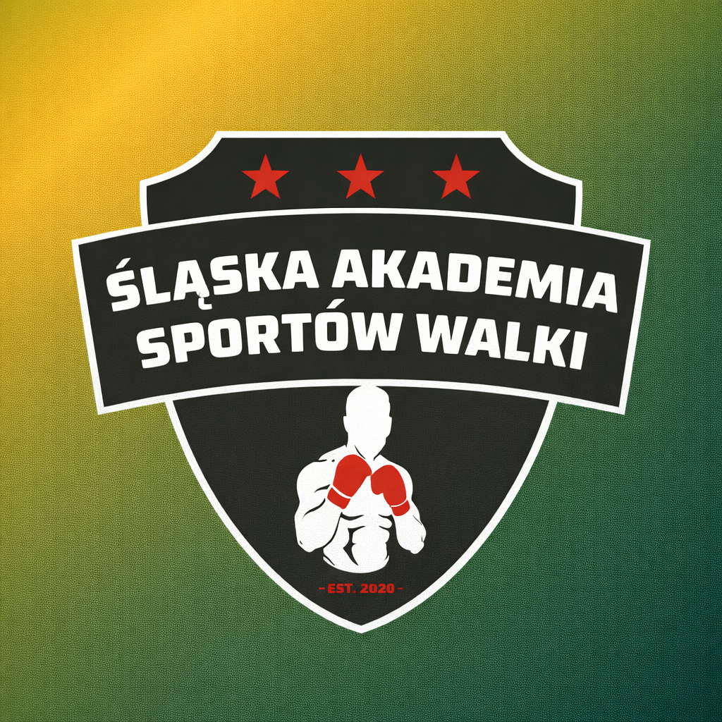 Grafika ma zielone tło z czarnym logo w kształcie herbu. Zawierające na górze trzy czerwone gwiazdki oraz biały napis Śląska Akademia Sportów Walki