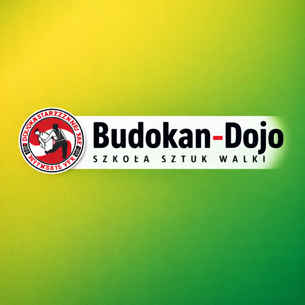 Logo Klub Sportowy Budokan Dojo , czarne napisy na zielonym tle, dla strony trenerzy i kluby