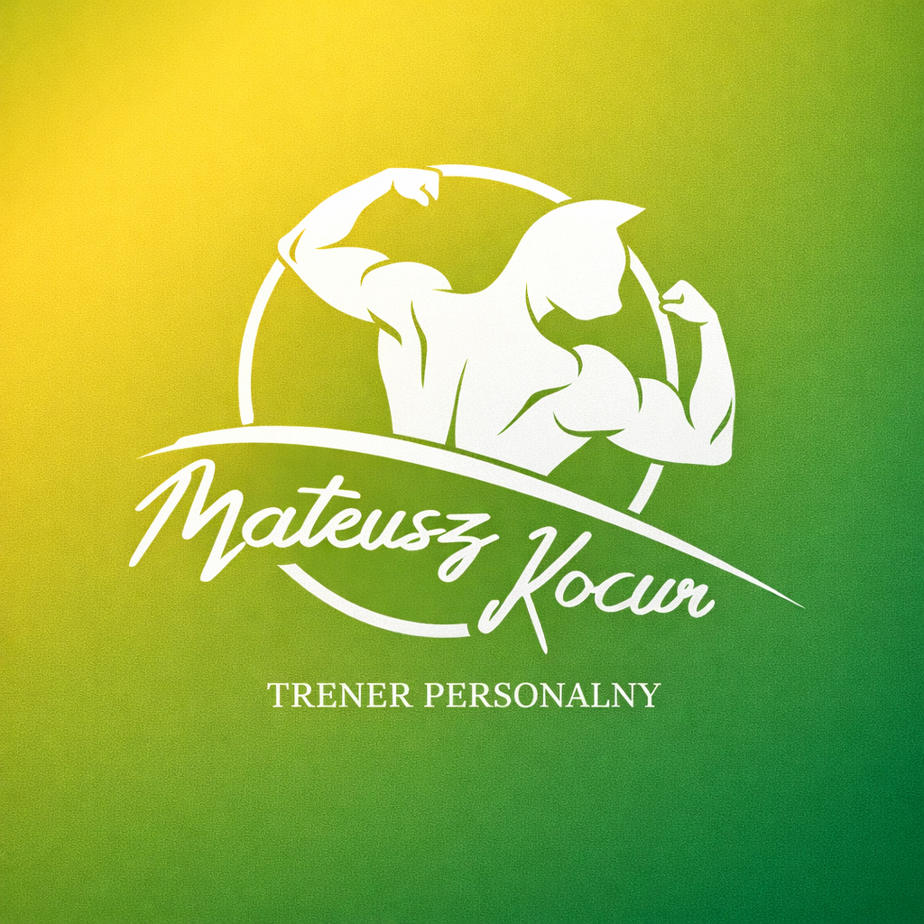 Zdjęcie zawiera zielone tło a na tle jest białe koło w środku którego w prawym górnym rogu jest sylwetka kulturysty w połowie ucięta linia pod którą jest napis Kocur Mateusz Trener personalny, logo przeznaczone dla strony Trenerzy kluby Piekary Śląskie