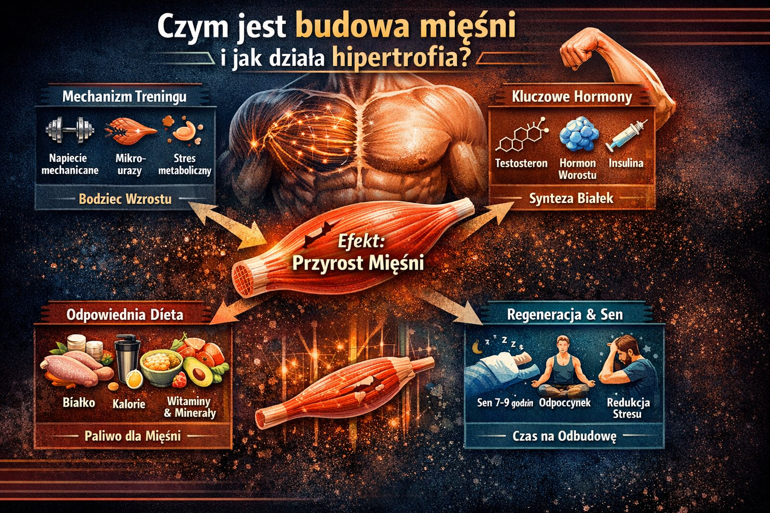 Infografika wyjaśniająca czym jest budowa mięśni i jak działa hipertrofia – schemat pokazujący napięcie mechaniczne, hormony, dietę oraz regenerację wpływające na przyrost masy mięśniowej.