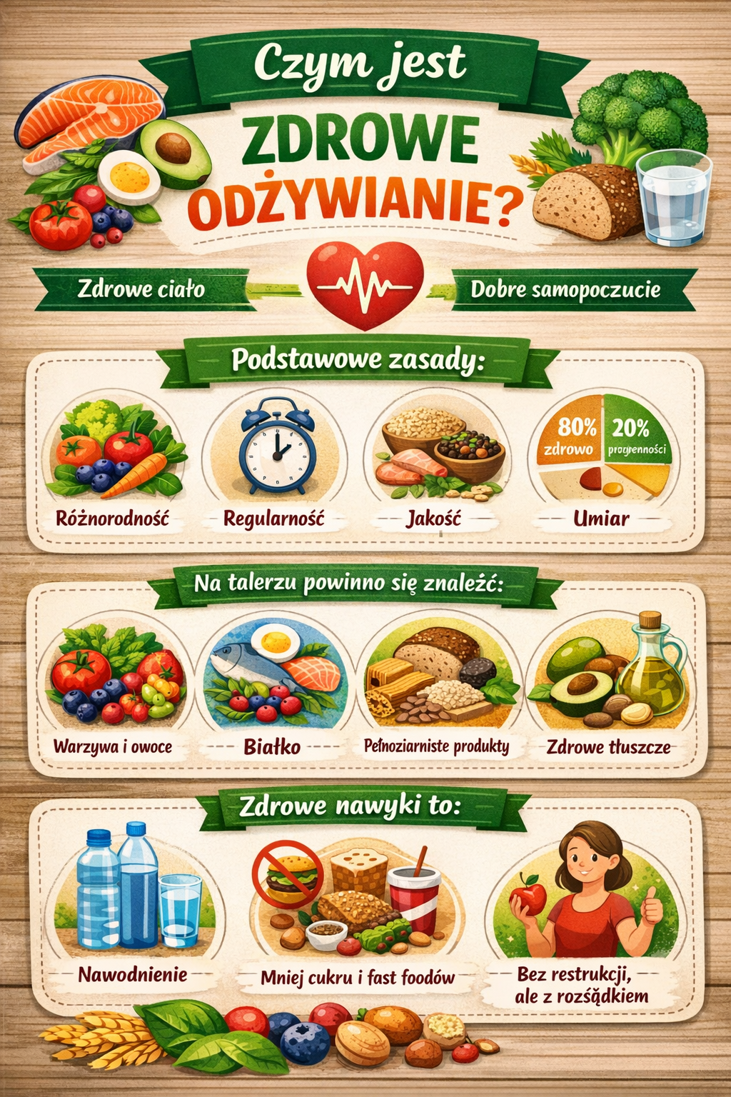 Infografika w języku polskim przedstawiająca zasady zdrowego odżywiania, w tym różnorodność, regularność, jakość produktów, warzywa i owoce, białko, pełnoziarniste produkty, zdrowe tłuszcze oraz nawodnienie