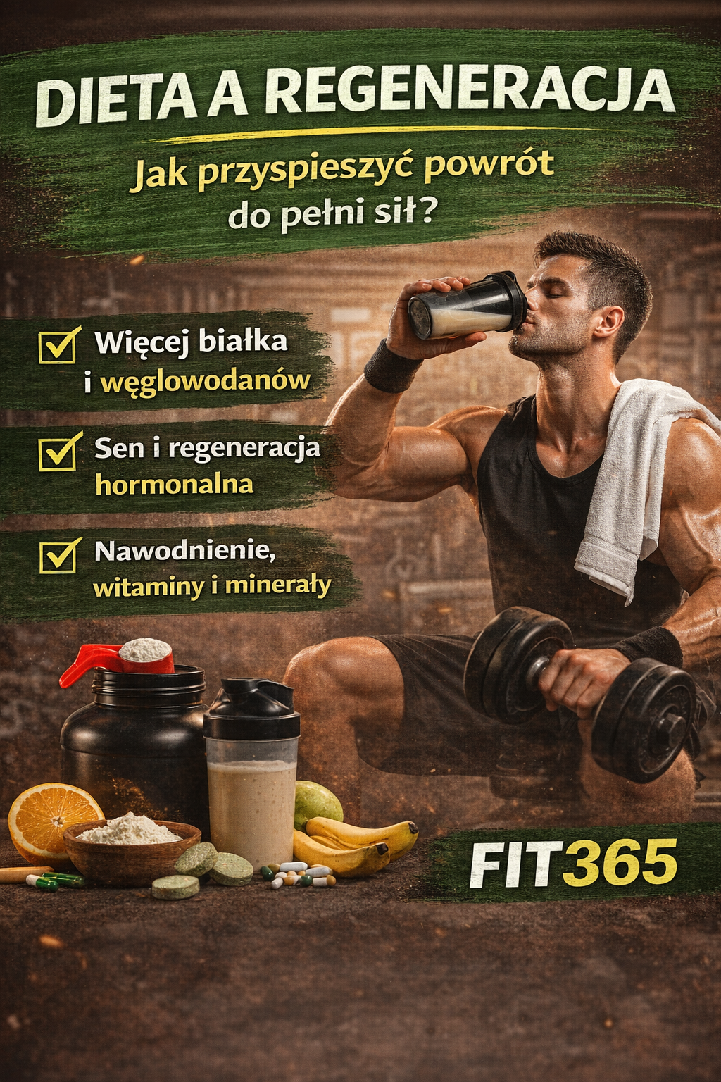 Dieta a regeneracja – mężczyzna po treningu pije odżywkę białkową, grafika z hasłami o białku, śnie, nawodnieniu i witaminach
