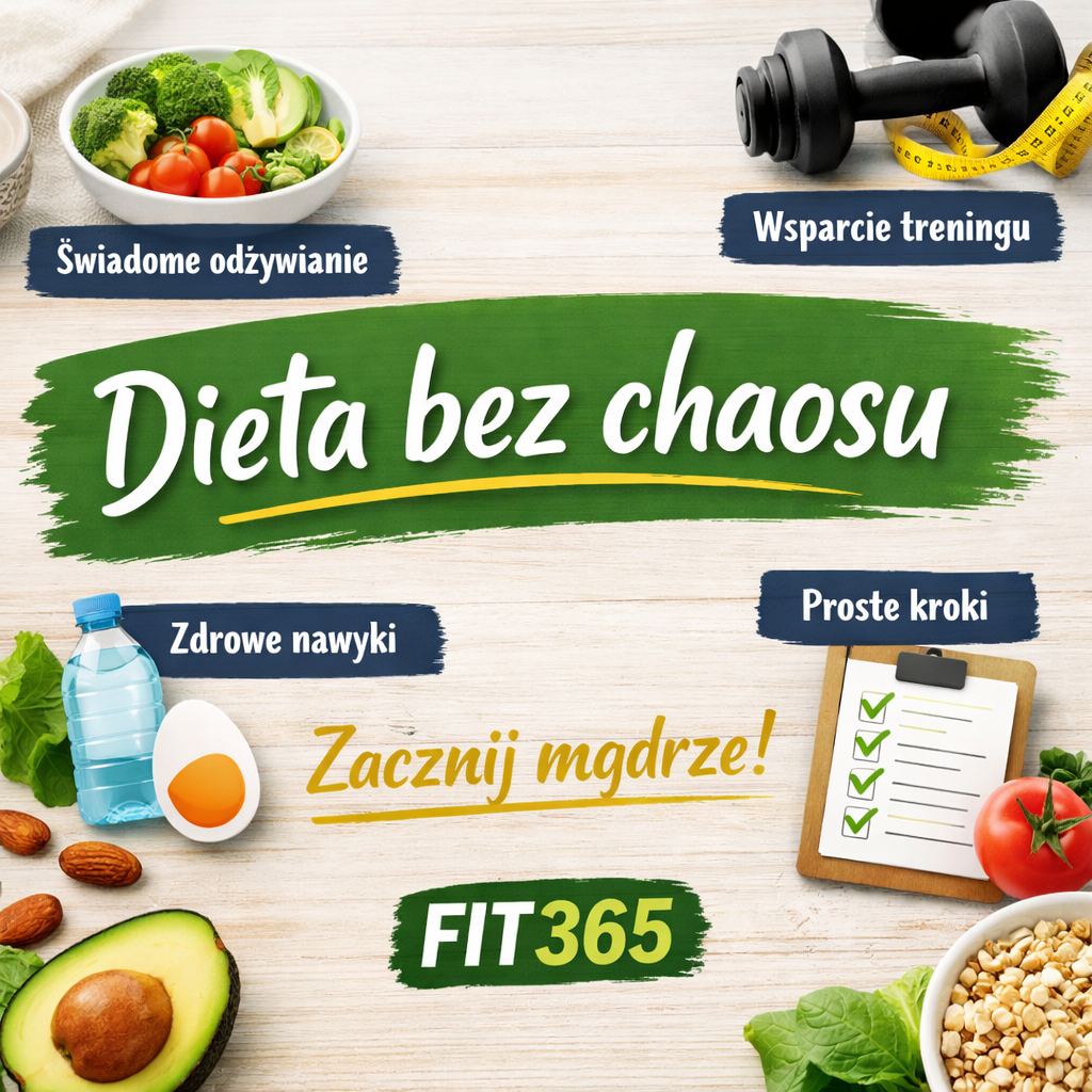 Dieta bez chaosu – zdrowe produkty, woda, jajko, awokado oraz akcesoria treningowe symbolizujące świadome odżywianie i wsparcie treningu