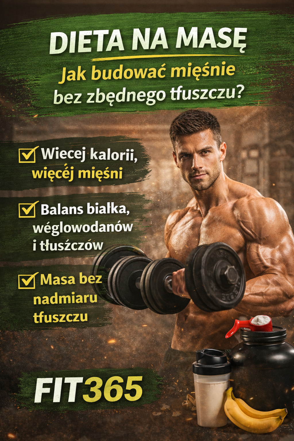 Dieta na masę – umięśniony mężczyzna trenujący z hantlami na siłowni, grafika z hasłami o zwiększeniu kalorii i bilansie makroskładników