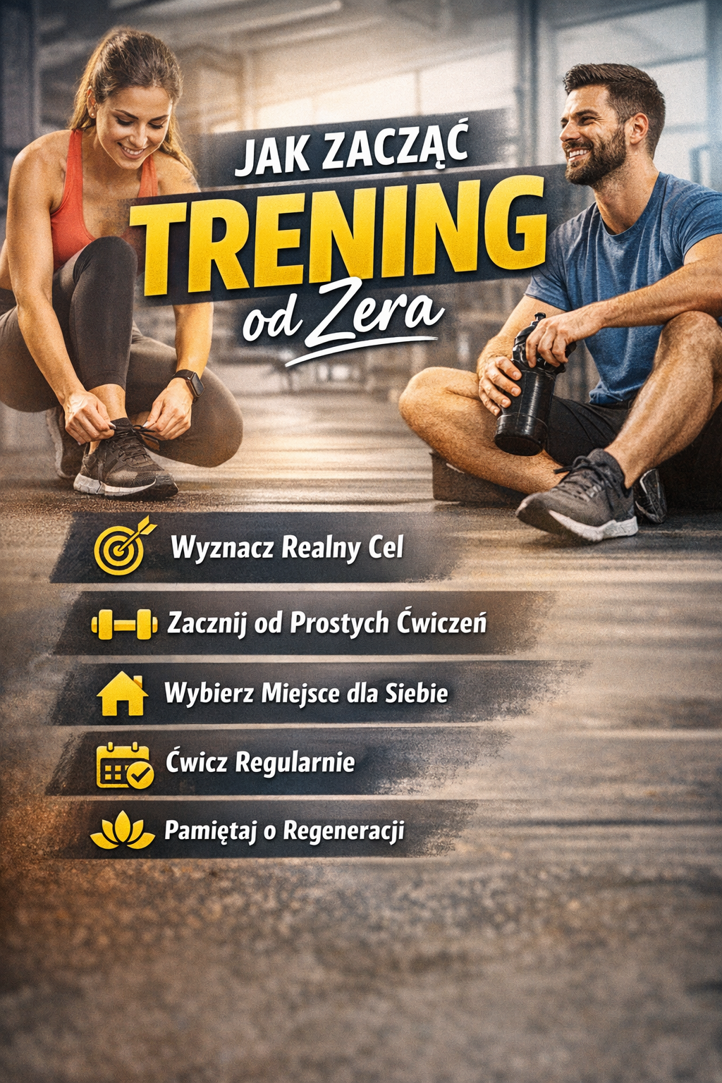 Jak zacząć trening od zera – motywacyjna grafika z kobietą i mężczyzną na siłowni oraz wskazówkami dla osób początkujących