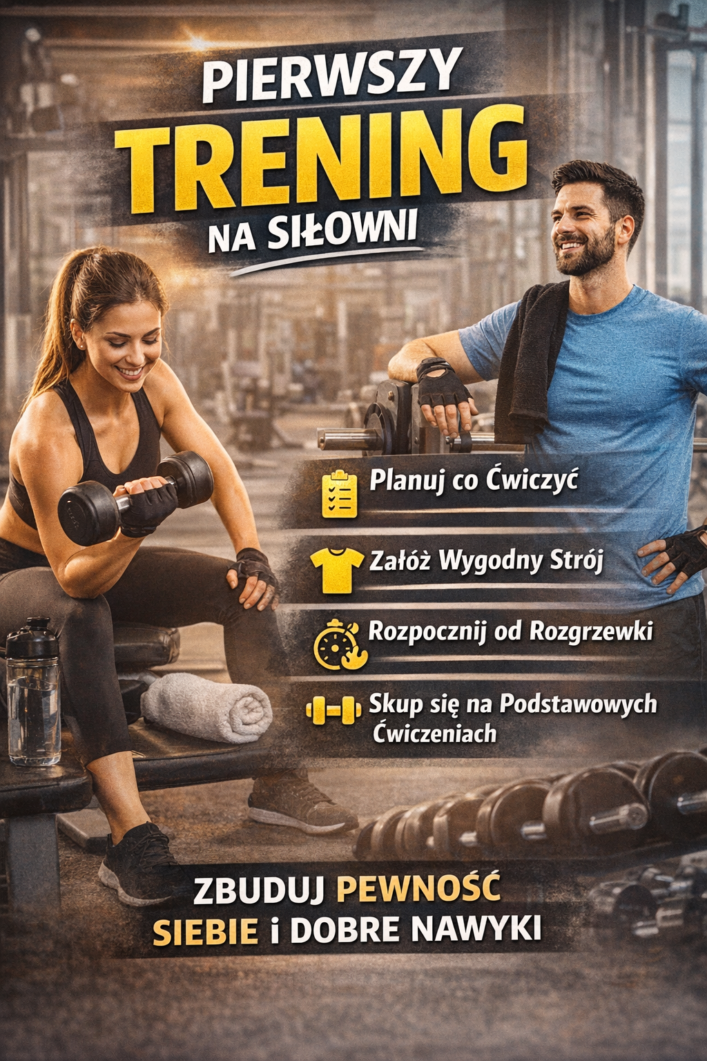 Pierwszy trening na siłowni – grafika z kobietą i mężczyzną ćwiczącymi w klubie fitness oraz wskazówkami dla początkujących