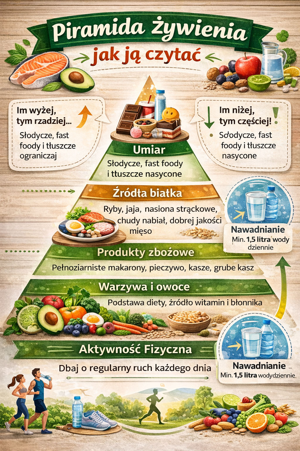 Kolorowa infografika przedstawiająca piramidę żywienia z podziałem na warzywa i owoce, produkty zbożowe, źródła białka, umiarkowane spożycie słodyczy oraz znaczenie aktywności fizycznej i nawodnienia.