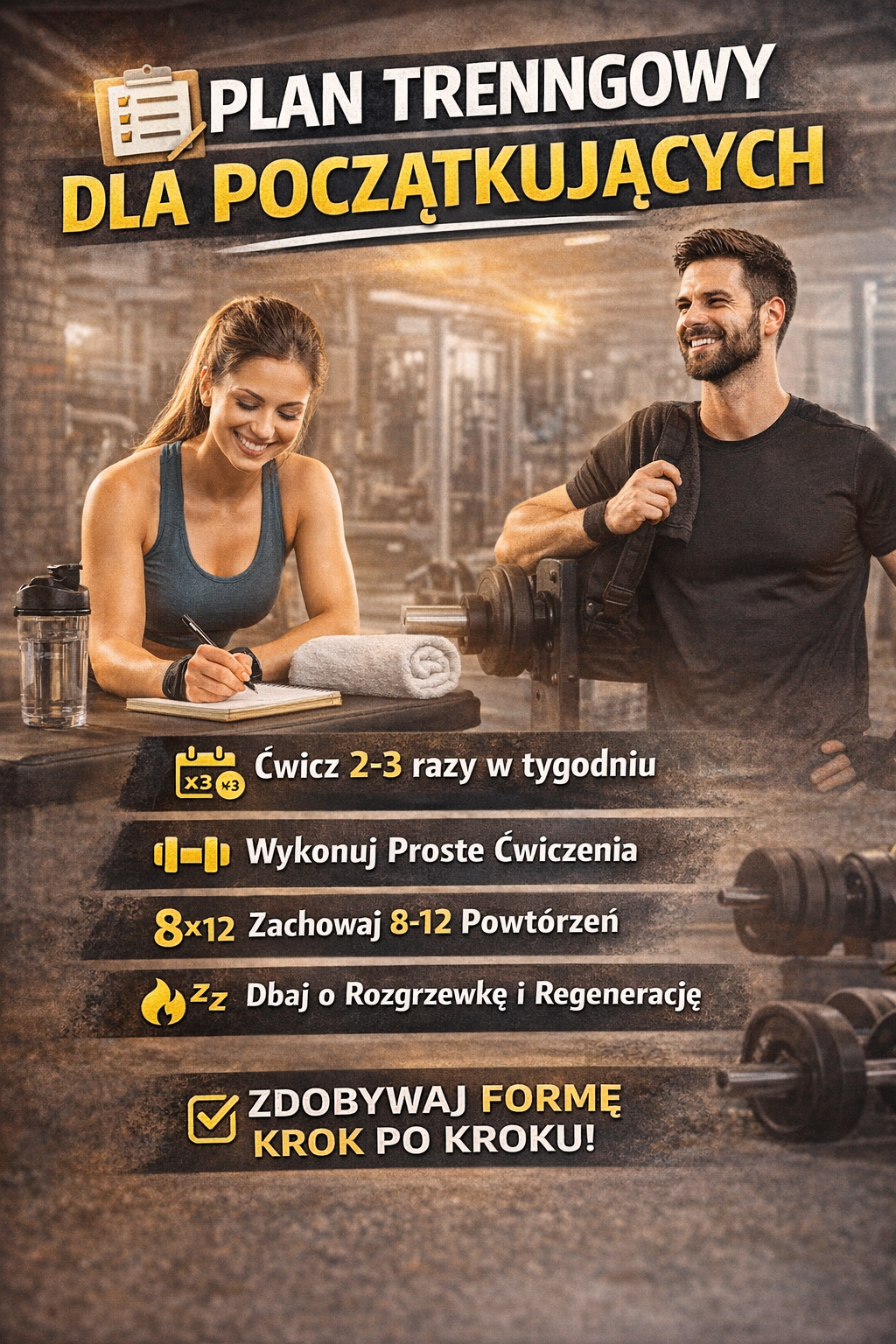 Plan treningowy dla początkujących – grafika motywacyjna z kobietą i mężczyzną na siłowni oraz wskazówkami dotyczącymi ćwiczeń 2–3 razy w tygodniu i zakresu 8–12 powtórzeń