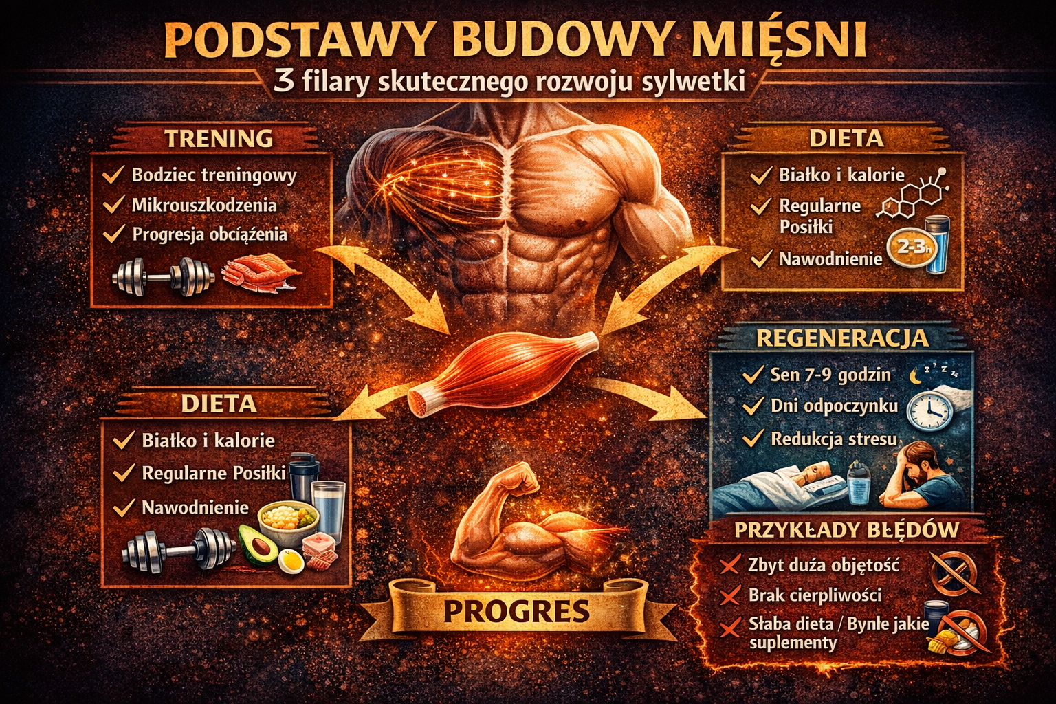 Infografika przedstawiająca podstawy budowy mięśni: trening, dieta i regeneracja jako trzy kluczowe filary wzrostu masy mięśniowej oraz najczęstsze błędy hamujące progres.