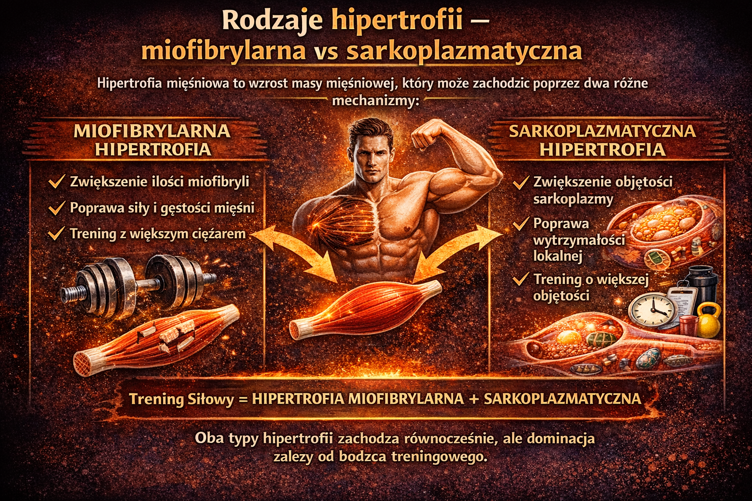 Infografika porównująca rodzaje hipertrofii – miofibrylarna vs sarkoplazmatyczna, przedstawiająca różnice w budowie włókien mięśniowych, wpływie na siłę oraz objętość mięśni