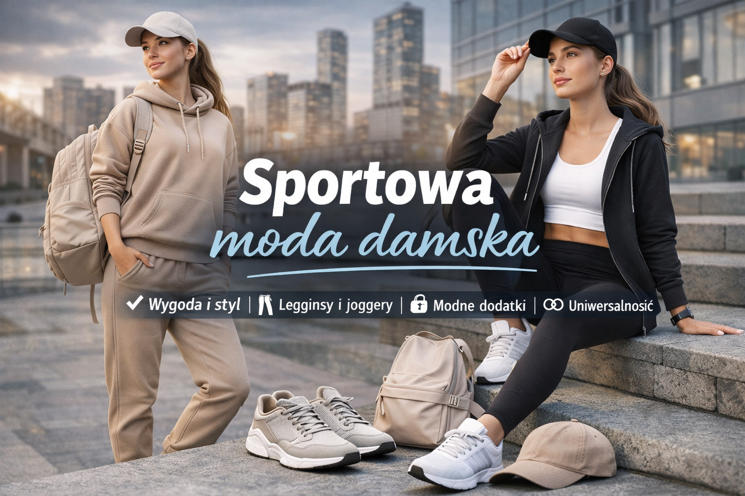 Dwie kobiety w sportowych stylizacjach miejskich, legginsy, bluzy i sneakersy na tle nowoczesnej zabudowy – sportowa moda damska w codziennym wydaniu.