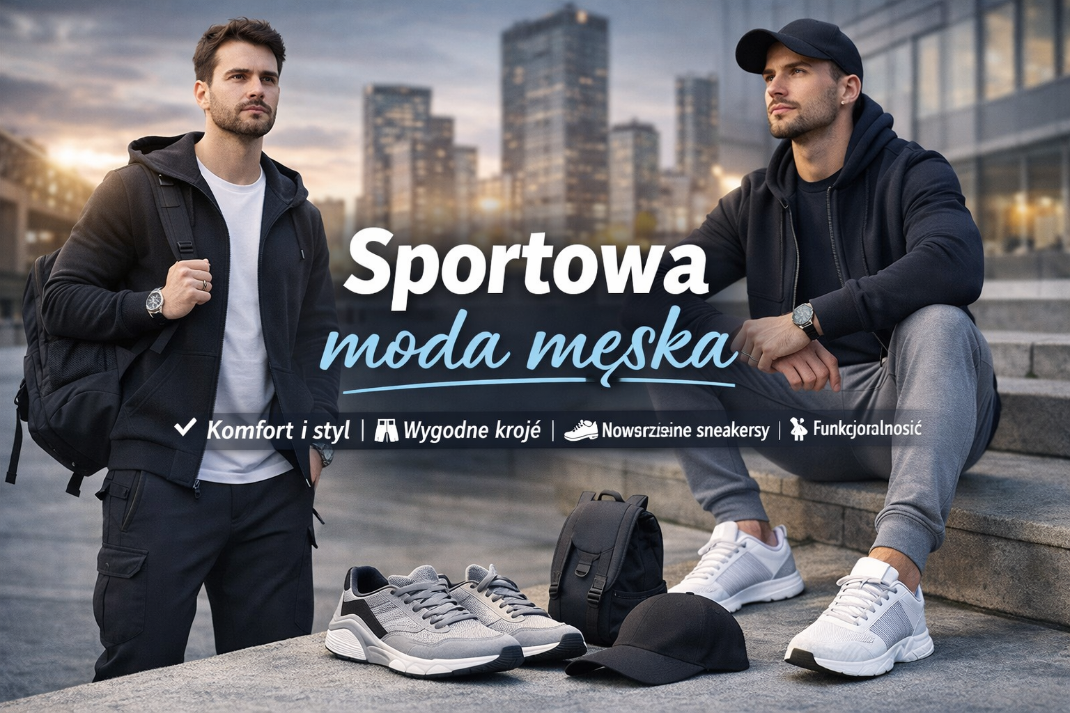 Dwóch mężczyzn w sportowych stylizacjach miejskich, bluzy, joggery i sneakersy na tle nowoczesnej architektury – sportowa moda męska w codziennym wydaniu.