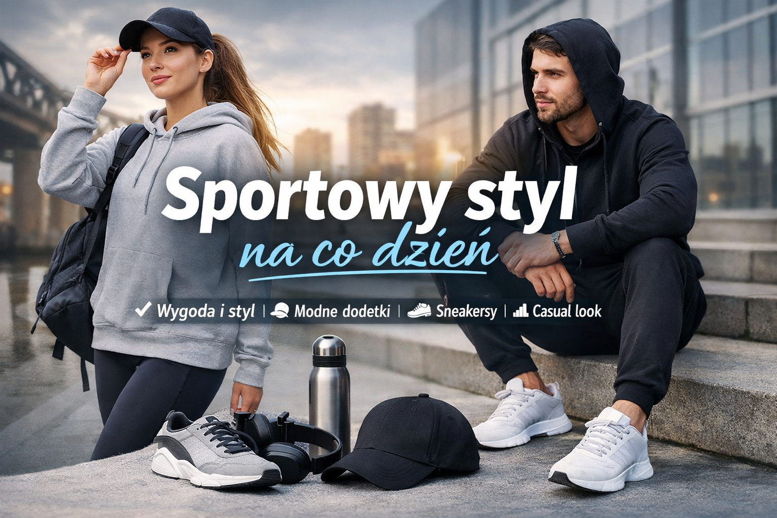 Kobieta i mężczyzna w sportowych stylizacjach miejskich, bluzy z kapturem, sneakersy i dodatki w stylu casual na tle miasta – sportowy styl na co dzień.