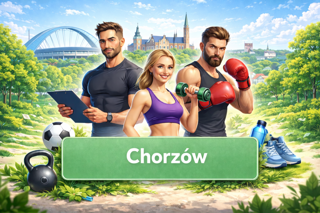 Ilustracja sportowa przedstawiająca trenerów personalnych i sporty walki na tle charakterystycznej architektury Chorzowa, promująca lokalne kluby sportowe, aktywność fizyczną i zdrowy styl życia.