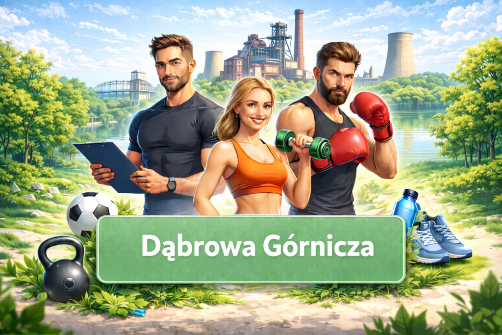 Ilustracja sportowa przedstawiająca trenerów personalnych i sporty walki na tle charakterystycznej architektury Dąbrowy Górniczej, promująca lokalne kluby sportowe, aktywność fizyczną i zdrowy styl życia.