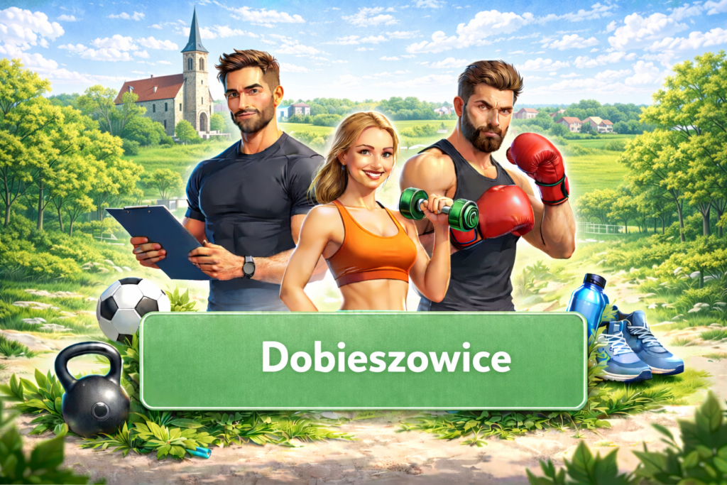 Ilustracja sportowa przedstawiająca trenerów personalnych i sporty walki na tle charakterystycznej architektury Dobieszowic , promująca lokalne kluby sportowe, aktywność fizyczną i zdrowy styl życia.
