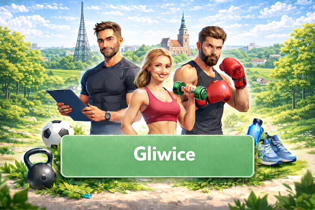 Ilustracja sportowa przedstawiająca trenerów personalnych i sporty walki na tle charakterystycznej architektury Gliwic, promująca lokalne kluby sportowe, aktywność fizyczną i zdrowy styl życia.