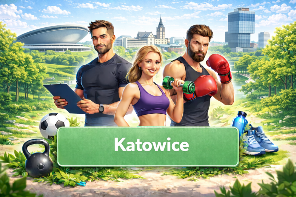 Ilustracja sportowa przedstawiająca trenerów personalnych i sporty walki na tle charakterystycznej architektury Katowic, promująca lokalne kluby sportowe, aktywność fizyczną i zdrowy styl życia.