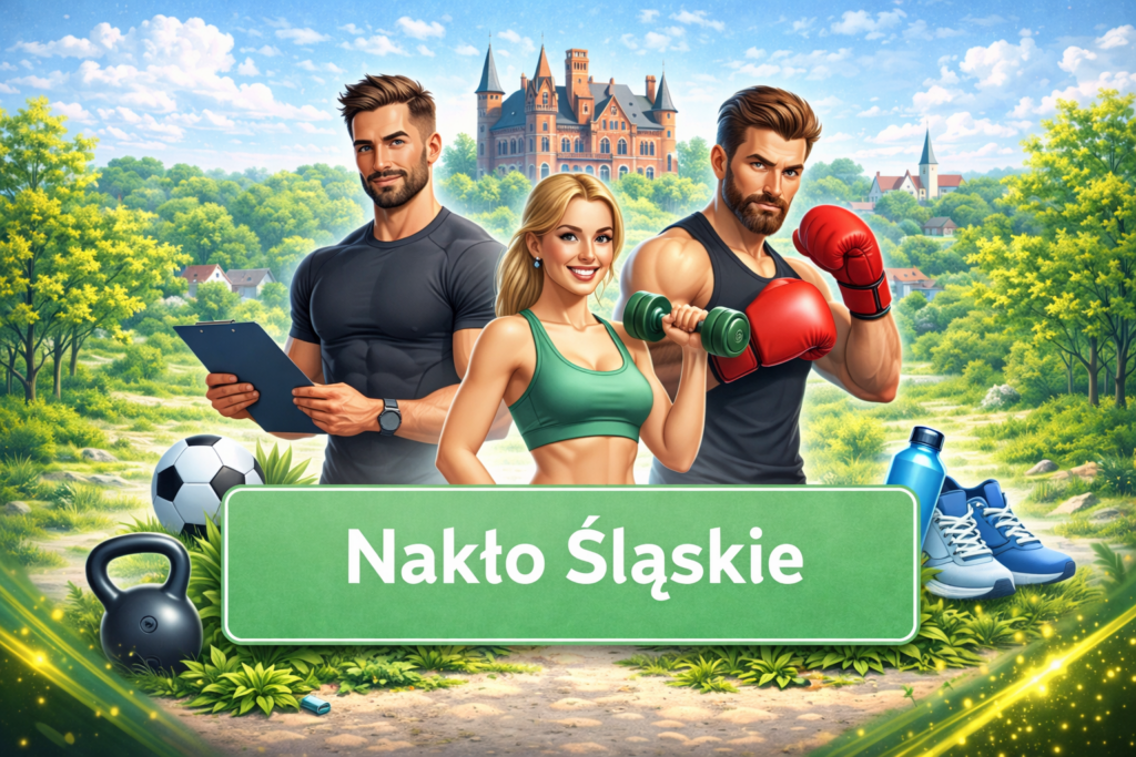 Ilustracja sportowa przedstawiająca trenerów personalnych i sporty walki na tle charakterystycznej architektury Nakło Śląskie promująca lokalne kluby sportowe, aktywność fizyczną i zdrowy styl życia.