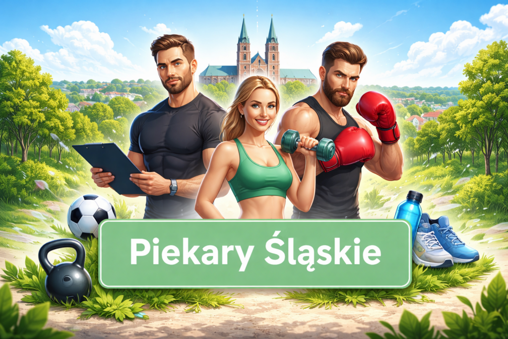 Ilustracja sportowa przedstawiająca trenerów personalnych i sporty walki na tle charakterystycznej architektury Piekar Śląskich, symbolizująca lokalne kluby sportowe i aktywny styl życia.