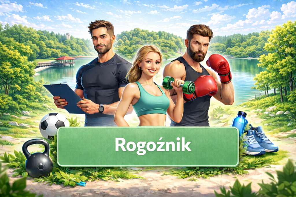 Ilustracja sportowa przedstawiająca trenerów personalnych i sporty walki na tle charakterystycznej architektury Rogoźnika, promująca lokalne kluby sportowe, aktywność fizyczną i zdrowy styl życia.