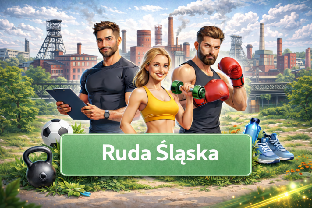 Ilustracja sportowa przedstawiająca trenerów personalnych i sporty walki na tle charakterystycznej architektury Ruda Śląska, promująca lokalne kluby sportowe, aktywność fizyczną i zdrowy styl życia.