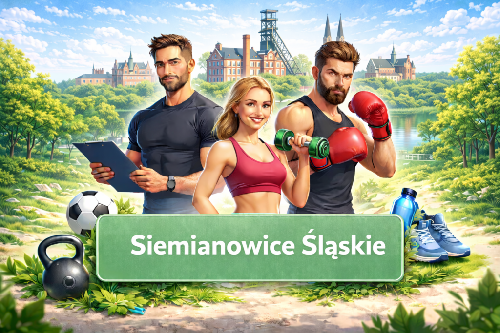 Ilustracja sportowa przedstawiająca trenerów personalnych i sporty walki na tle charakterystycznej architektury Siemianowic Śląskich , promująca lokalne kluby sportowe, aktywność fizyczną i zdrowy styl życia.