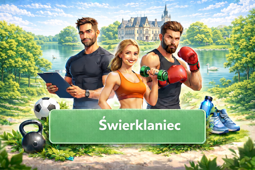 Ilustracja sportowa przedstawiająca trenerów personalnych i sporty walki na tle charakterystycznej architektury Świerklańca, promująca lokalne kluby sportowe, aktywność fizyczną i zdrowy styl życia.