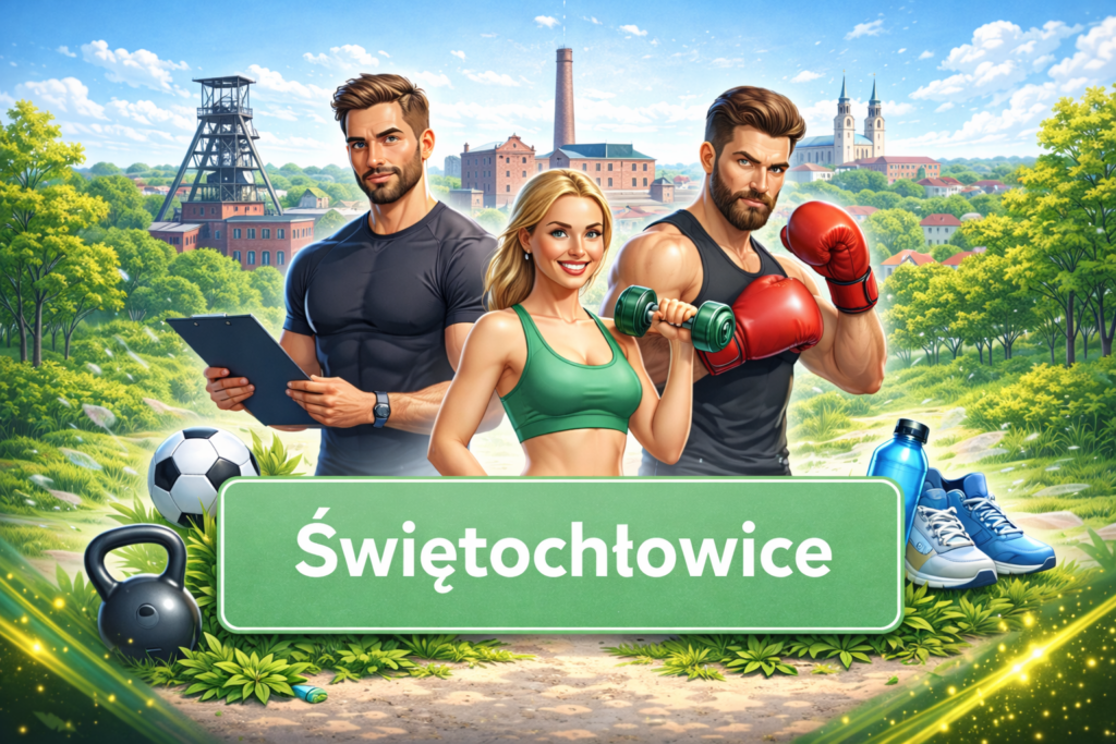 Ilustracja sportowa przedstawiająca trenerów personalnych i sporty walki na tle charakterystycznej architektury Świetochłowice, promująca lokalne kluby sportowe, aktywność fizyczną i zdrowy styl życia.