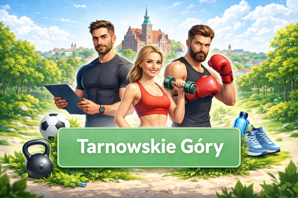 Ilustracja sportowa przedstawiająca trenerów personalnych i sporty walki na tle charakterystycznej architektury Tarnowskich Gór, promująca lokalne kluby sportowe, aktywność fizyczną i zdrowy styl życia.