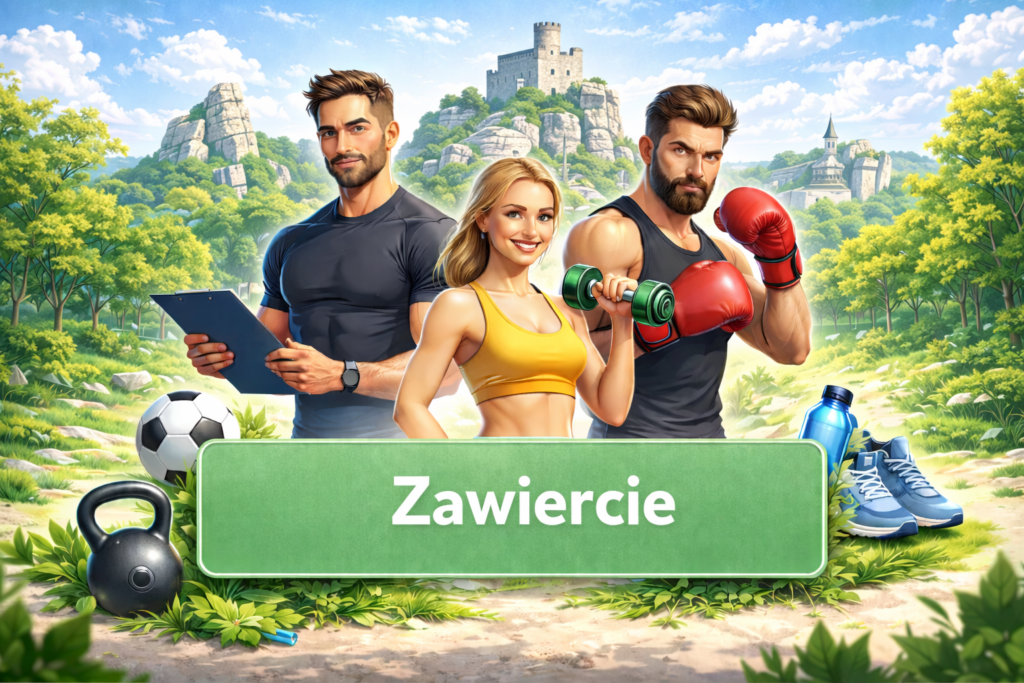 Ilustracja sportowa przedstawiająca trenerów personalnych i sporty walki na tle charakterystycznej architektury Zawiercia, promująca lokalne kluby sportowe, aktywność fizyczną i zdrowy styl życia.