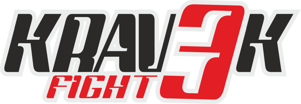 zdjęcie to białe tło zawierające napis Krav3k Fight, częściowo napis jest czarny a częściowo czerwony
