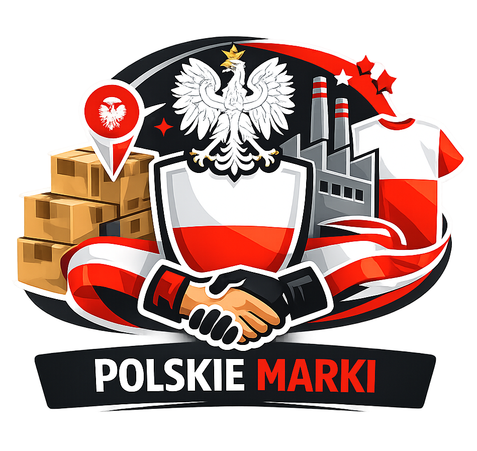 logo przedstawia godło Polski oraz orzełka na środku. Z prawej strony ma ustawione paczki a z lewej jest elektrownia węglowa z koszulką biało czerwoną. Logo zawiera napis Polskie marki nawiązujące do strony trenerzy i trening