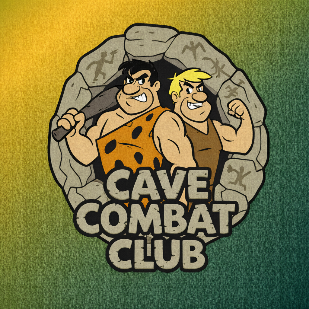 Zielone tło a na środki zdjęcia jest animacją z bajki Flinstonowie i przedstawia dwie główne postaci ustawione do siebie lekko bokiem z napisem na dole Cave Combat Club