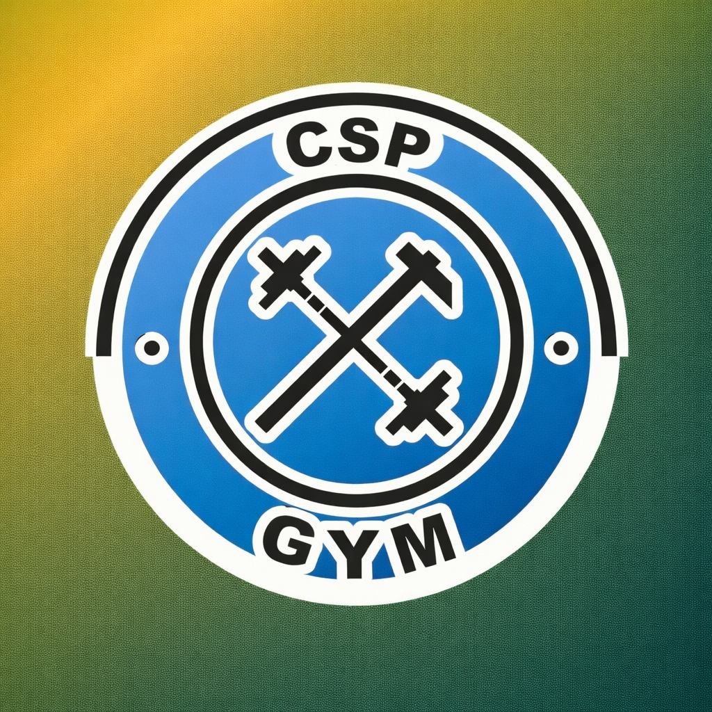 Zielone logo Centrum Sportowe CSP Siłownia. Przedstawia niebieskie kółko w środku którego znajdują się ułożone na krzyż w czarnym kole sztanga i kilo górniczy koloru czarnego. NA górze koła czarnego w niebieskim tle jest napis CSP, na dole koła również jest napis GYM.
