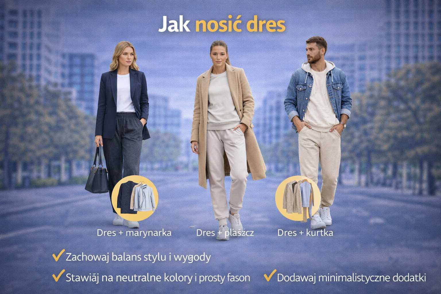Jak nosić dres – trzy miejskie stylizacje: dres z marynarką, dres z płaszczem oraz dres z kurtką w nowoczesnym, minimalistycznym wydaniu.