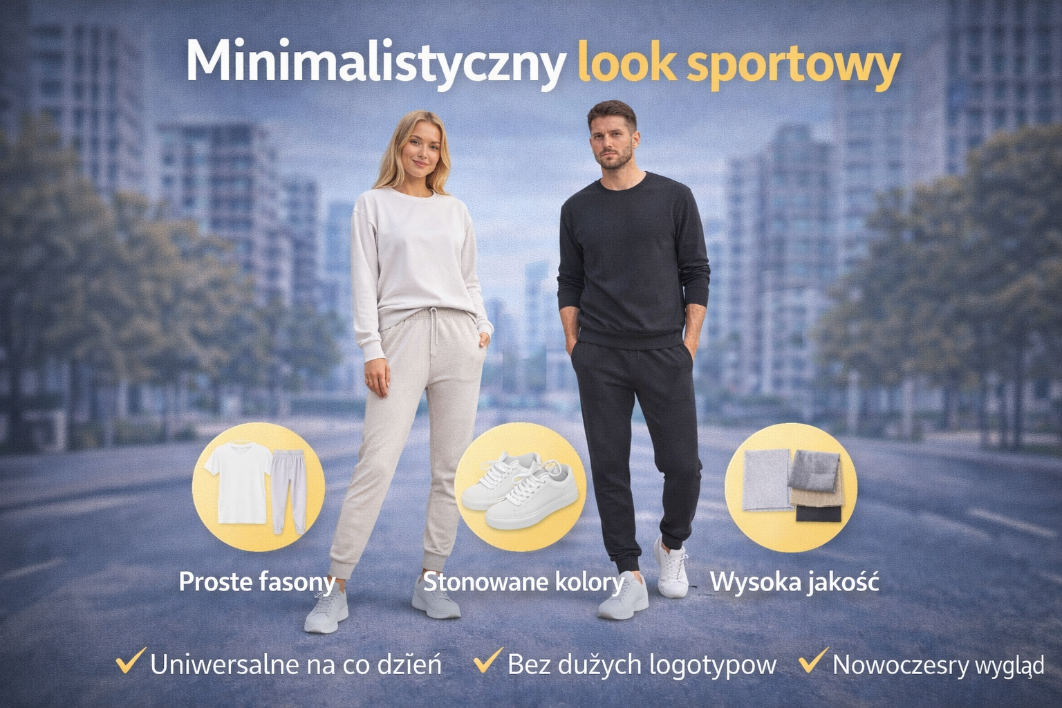 Minimalistyczny look sportowy – kobieta i mężczyzna w stonowanych, jednokolorowych zestawach dresowych z prostymi fasonami i białymi sneakersami w miejskim otoczeniu.