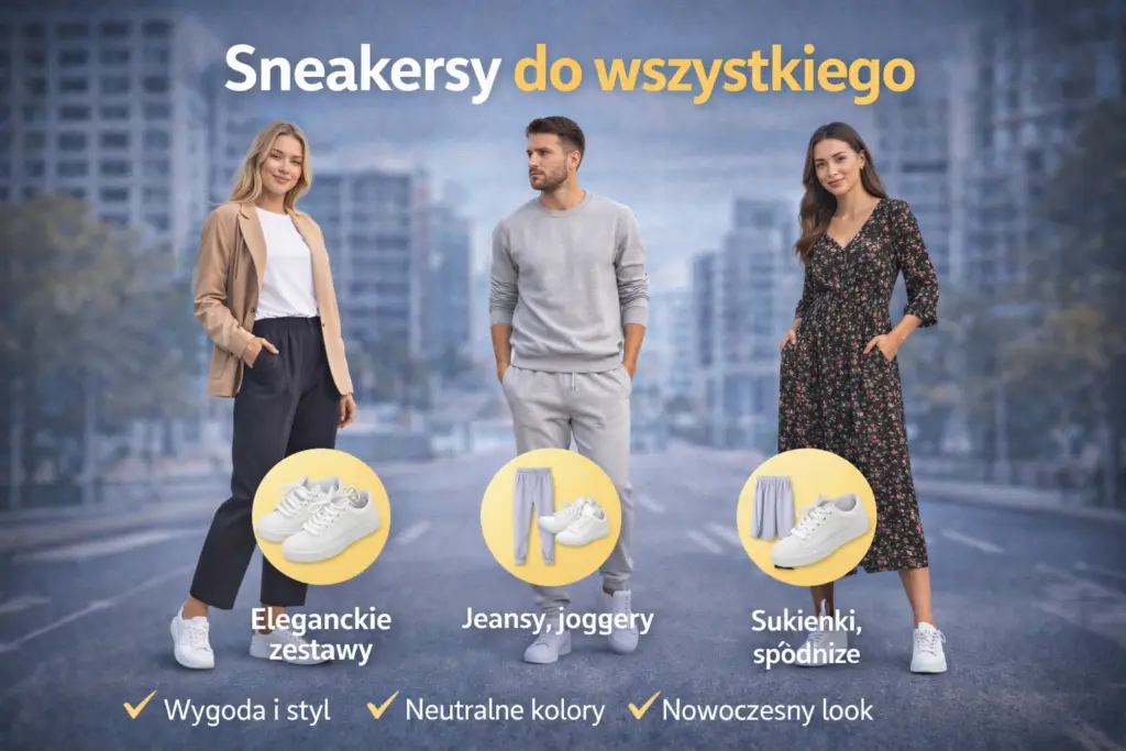 Sneakersy do wszystkiego w stylizacjach miejskich – kobieta w marynarce, mężczyzna w joggerach i kobieta w sukience w białych sneakersach jako uniwersalne obuwie.