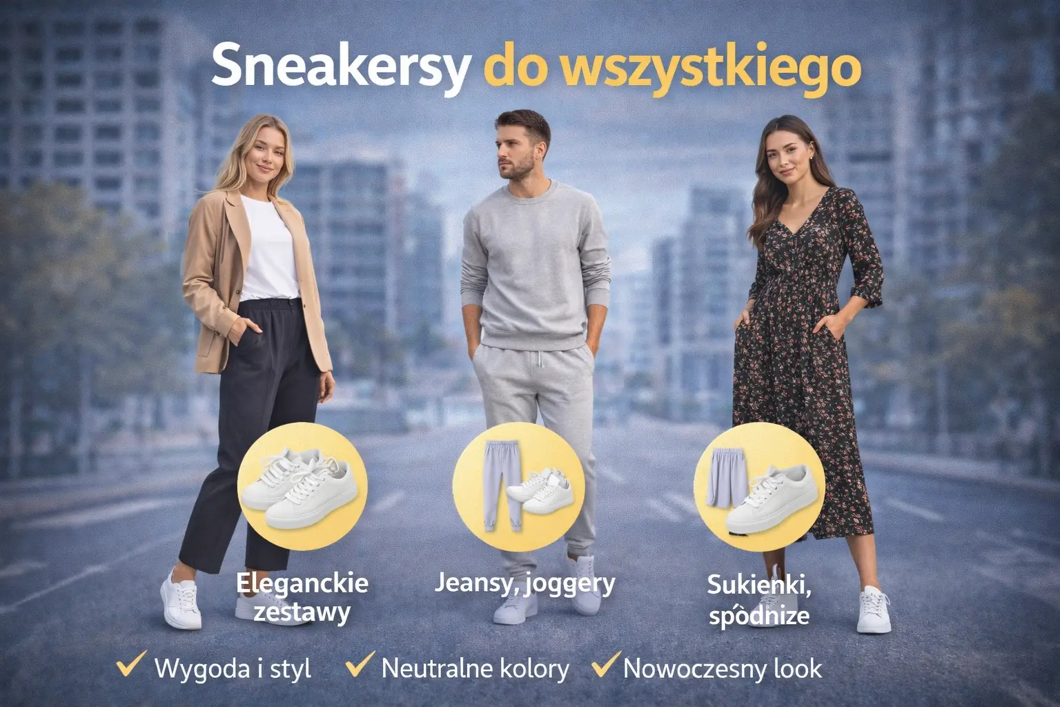 Sneakersy do wszystkiego w stylizacjach miejskich – kobieta w marynarce, mężczyzna w joggerach i kobieta w sukience w białych sneakersach jako uniwersalne obuwie.