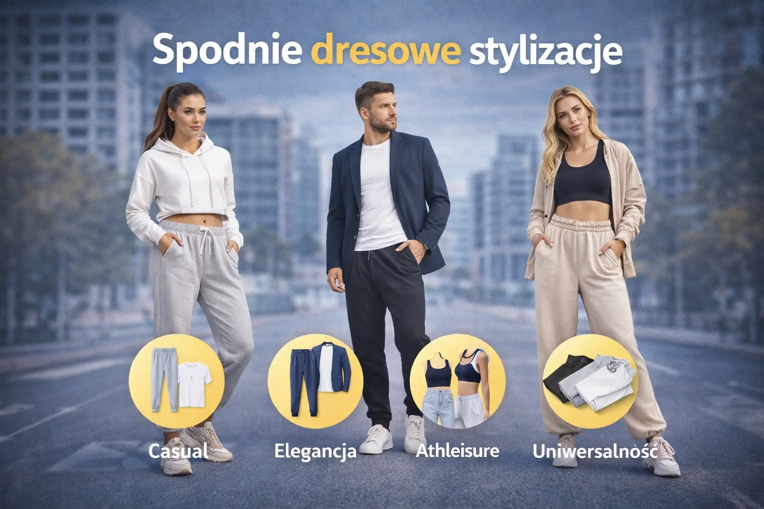 Spodnie dresowe stylizacje. Kobiety i mężczyzna w modnych stylizacjach ze spodniami dresowymi. Casual, elegancki i athleisure look w miejskim otoczeniu.