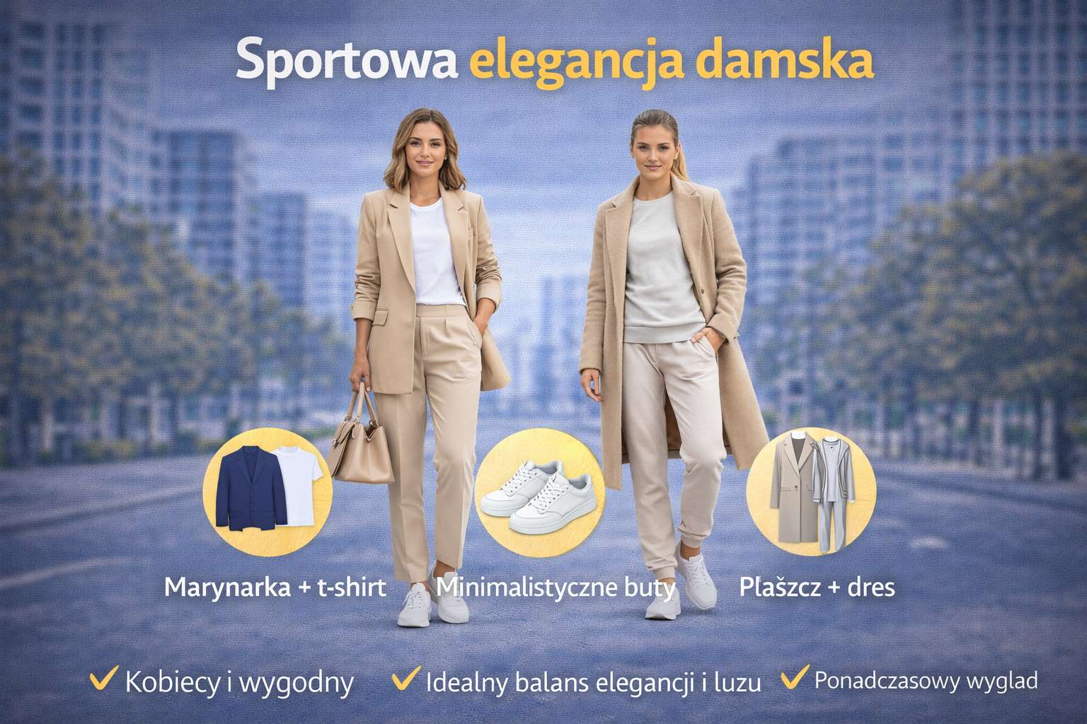Sportowa elegancja damska – kobieta w marynarce z t-shirtem i sneakersach oraz w płaszczu z kompletem dresowym w minimalistycznej, miejskiej stylizacji.