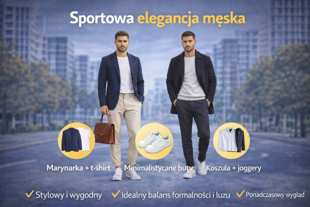 Sportowa elegancja męska – mężczyzna w marynarce i t-shircie oraz w płaszczu z joggerami i minimalistycznych sneakersach w nowoczesnej miejskiej stylizacji.