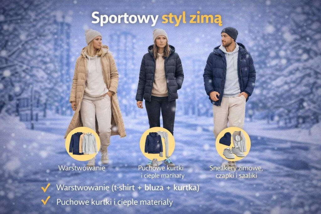 Sportowy styl zimą – kobiety i mężczyzna w puchowych kurtkach, kompletach dresowych i zimowych sneakersach w śnieżnej, miejskiej scenerii.