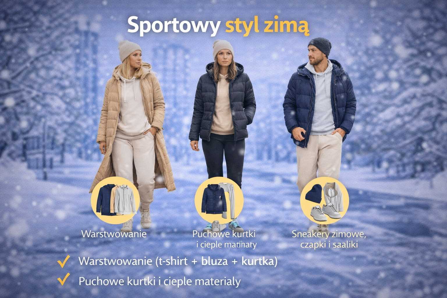 Sportowy styl zimą – kobiety i mężczyzna w puchowych kurtkach, kompletach dresowych i zimowych sneakersach w śnieżnej, miejskiej scenerii.