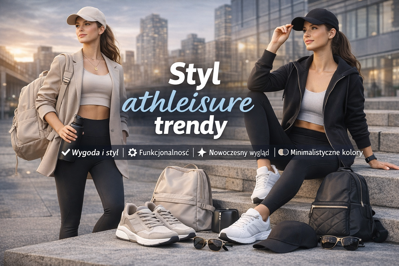 Kobiety w stylizacjach athleisure w miejskim otoczeniu, legginsy, crop topy, bluzy i sneakersy – styl athleisure trendy łączący wygodę i nowoczesny look.