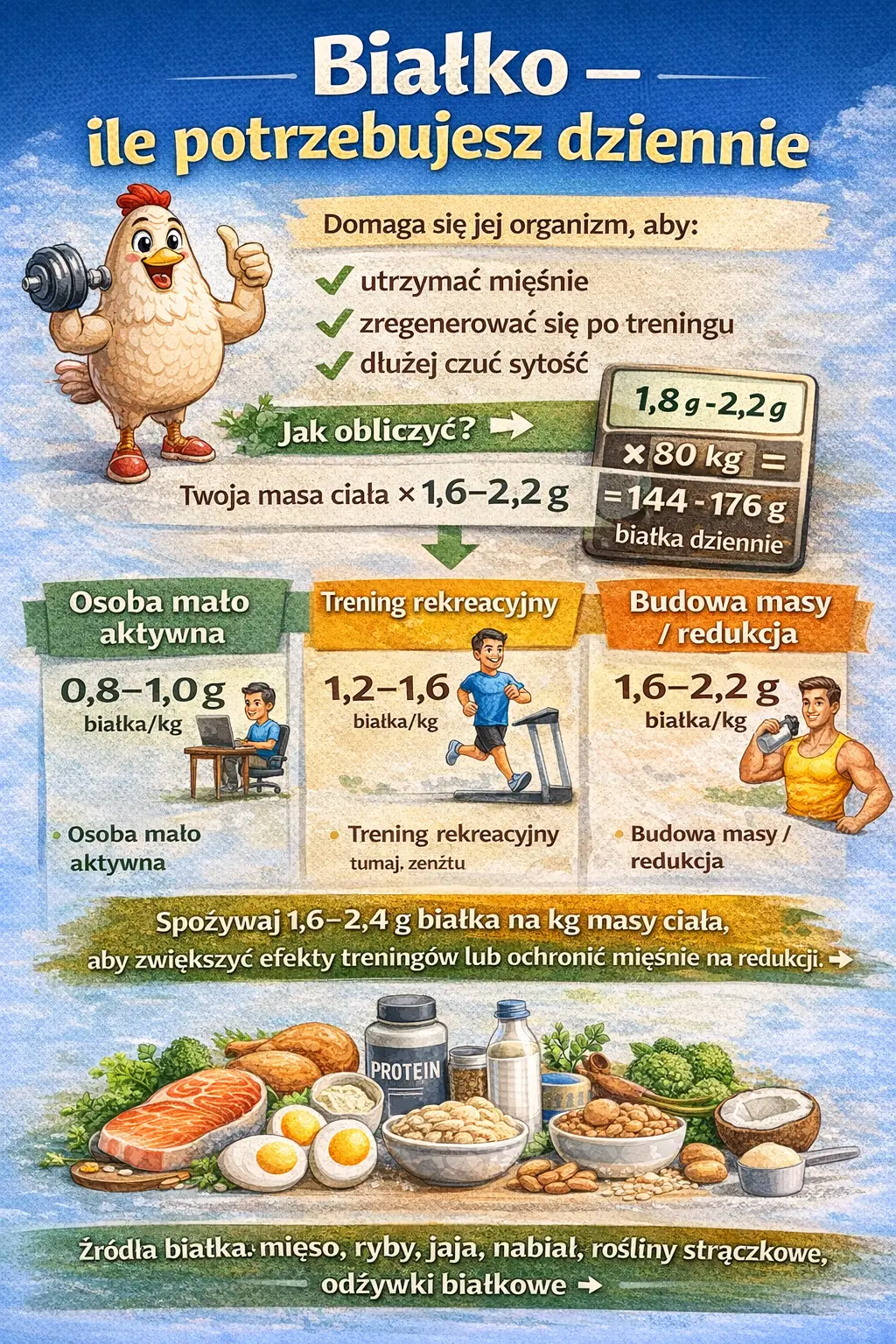 Infografika przedstawiająca ile białka potrzebujesz dziennie – zakres gramów na kilogram masy ciała dla osób mało aktywnych, trenujących i budujących masę oraz przykładowe źródła białka w diecie.